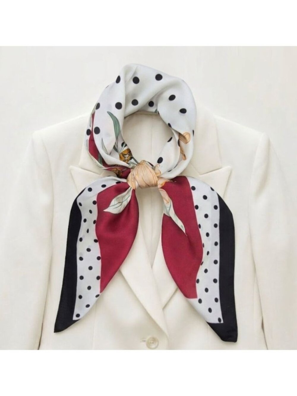 ⭐Luxurious Silky Floral Polka Dot Square Scarf White Black Vintage-Inspired New⭐ - Picture 2 of 5
